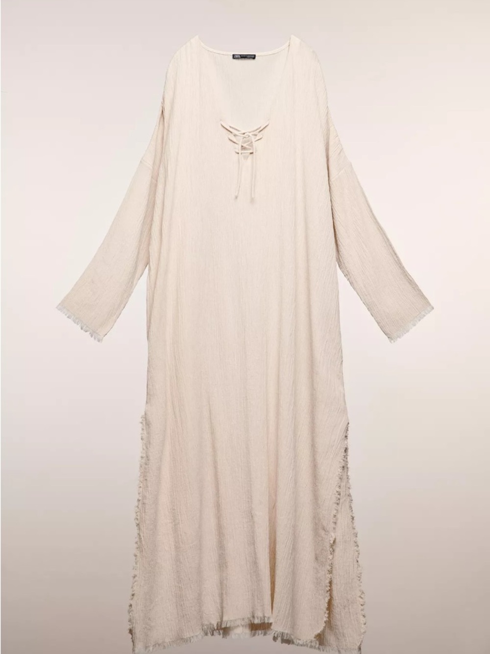 Zara Ecru Gauze Lace-Up Caftan Dress